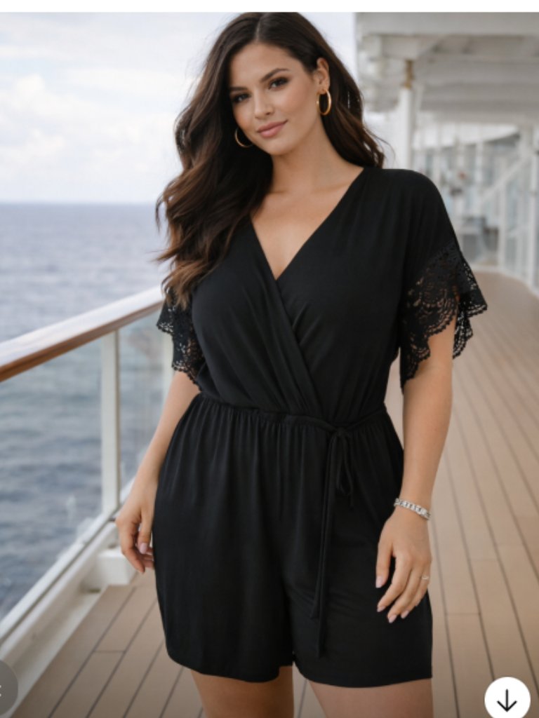 Lane Bryant Black Faux Wrap Romper Size 14 Lace Sleeve Stretch Vacation Resort